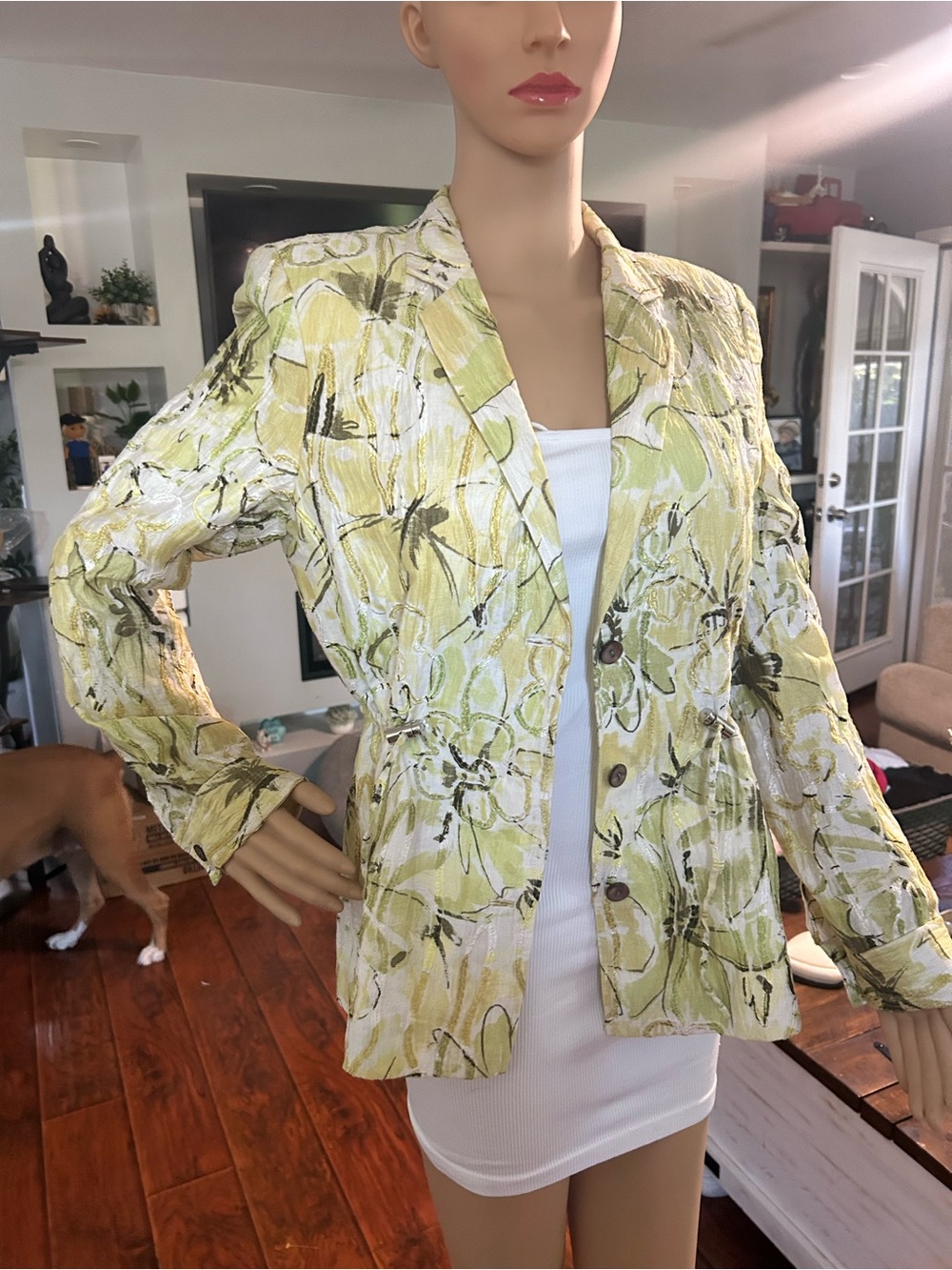 Women's Light Green Floral Blazer Jacket - Tailored Single-Breasted Style